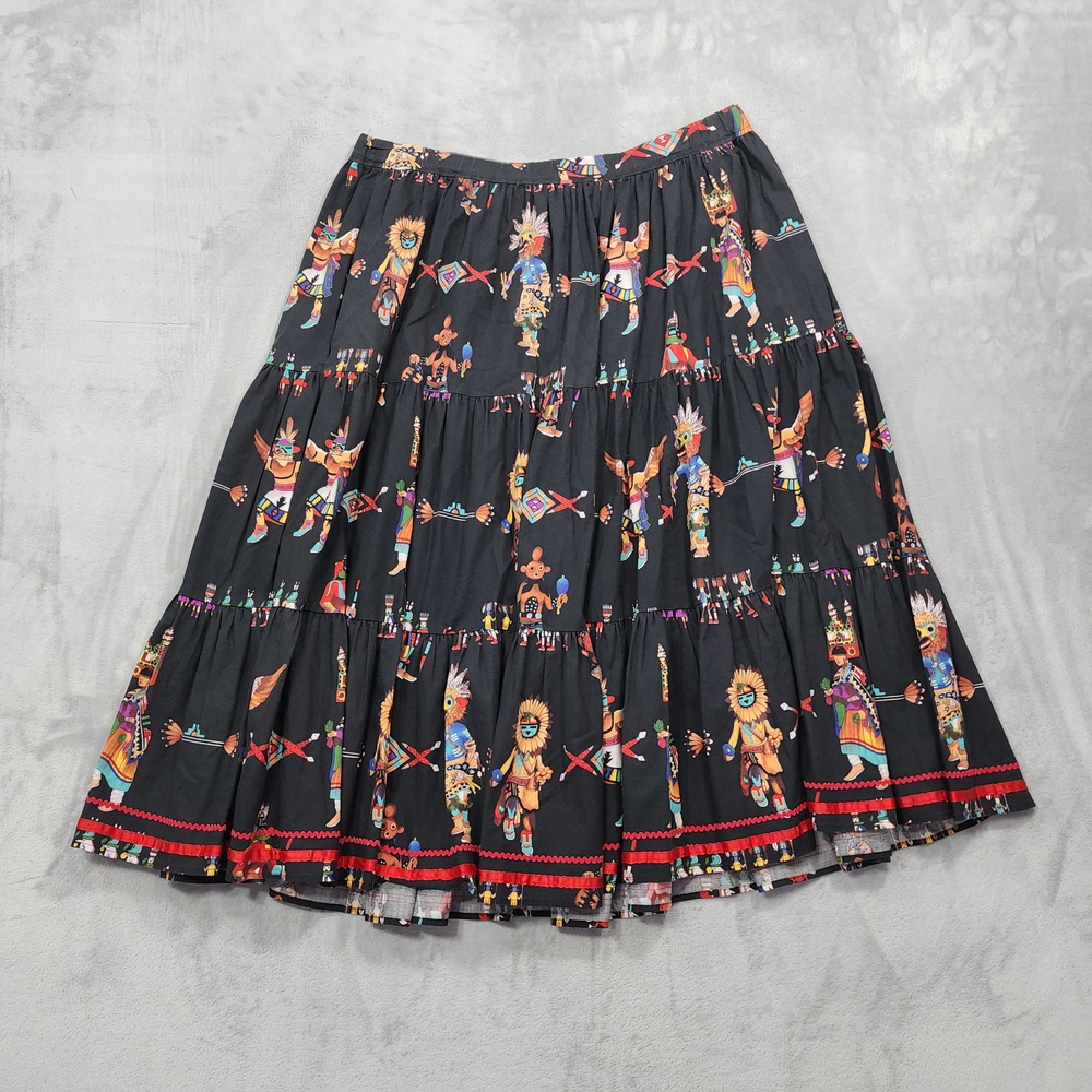 VTG 80s Virginia Yazzie Ballenger Skirt Womens XL Navajo Kachina Print Tiered